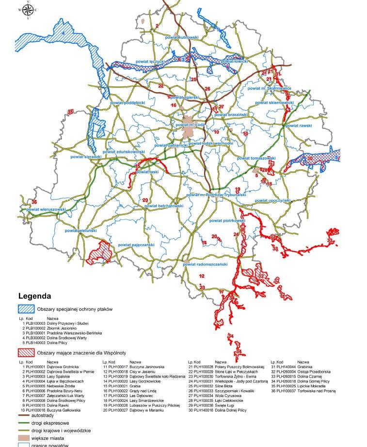 Rysunek 8. Lokalizacja obszarów Natura 2000 na terenie województwa łódzkiego.