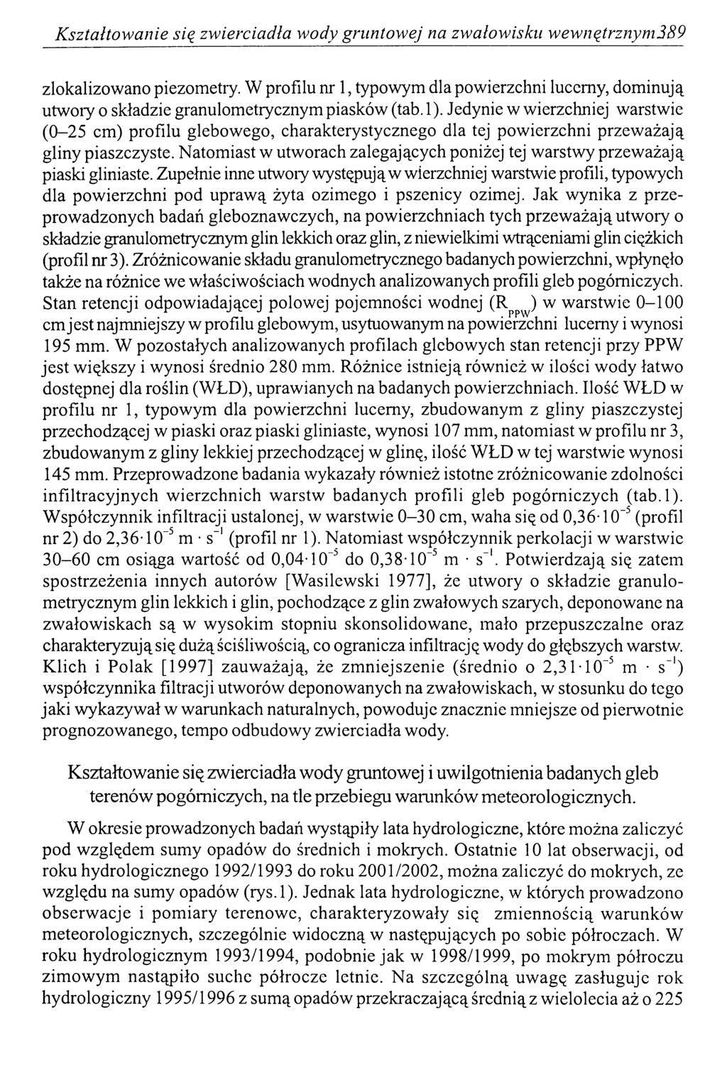 K ształtow anie się zw ierciadła wody gruntow ej na zw ałow isku w ew nętrznym 389 zlokalizowano piezometry.