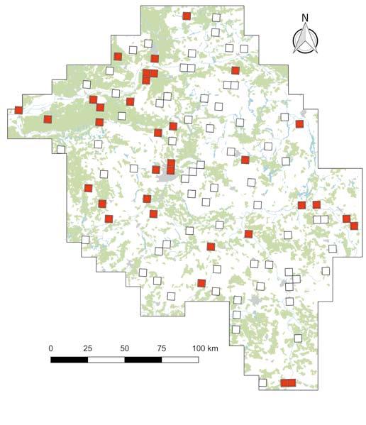 Ryc. 1. Lokalizacja wylosowanych powierzchni próbnych, w tym zbadanych w latach 2015 i 2016 (kolor czerwony) Fig. 1. Location of the randomly selected plots, including those studied in 2015 and 2016 (marked red) Dane historyczne o liczebności łyski i perkoza dwuczubego dotyczyły głównie jezior.