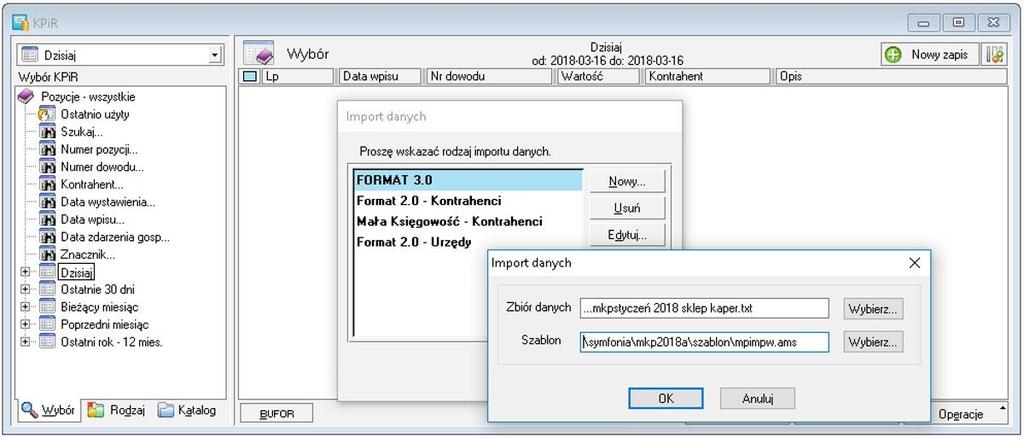 Import danych Aby wczyta dane przechodzimy do Firma -> Import danych -> Format 3.0. W "Zbiór danych" wybieramy wygenerowany plik (*.txt), a w "Szablon" plik MPIMPW.