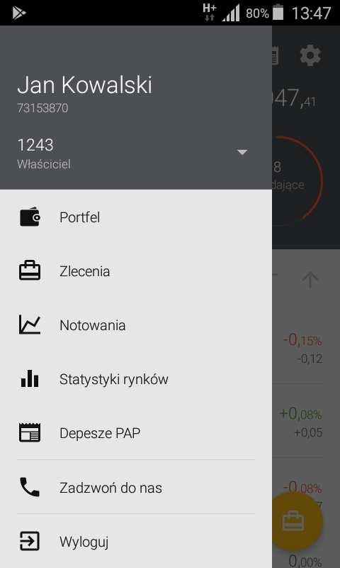 Rys. 4. Menu Android 1.5 Portfel 1.5.1 Uwagi ogólne Aplikacja pozwala użytkownikowi na przeglądanie informacji dotyczących jego rachunku inwestycyjnego.