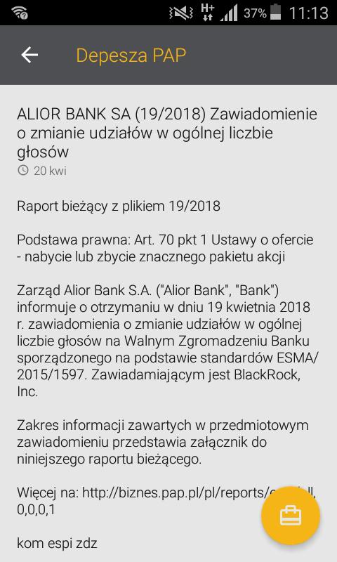 Rys. 24. Szczegoły depeszy PAP 1.6.5 Konfiguracja list notowań Po wybraniu ikony Ustawienia w prawym górnym rogu widoku Notowania nastąpi przejście do widoku Konfiguracji list notowań.