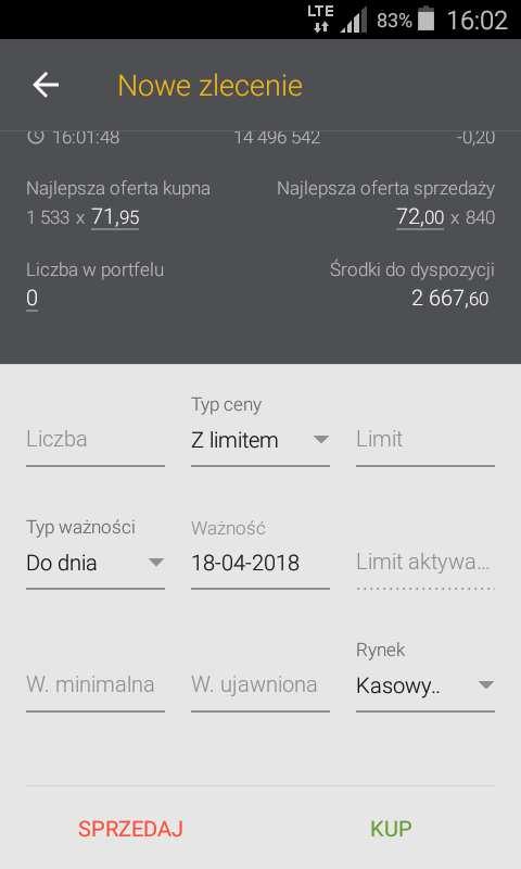 Kliknięcie w rekord najlepszej oferty powoduje, że pole Cena wypełnia się ceną najlepszej oferty.