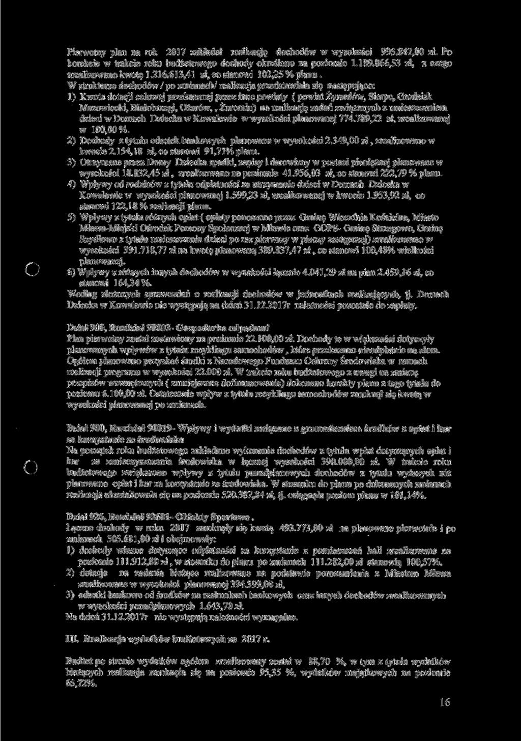 Pierwotny plan na rok 2017 zakładał realizację dochodów w wysokości 995.847,00 zł. Po korekcie w trakcie roku budżetowego dochody określono na poziomie 1.189.866,53 zł, z czego zrealizowano kwotę 1.