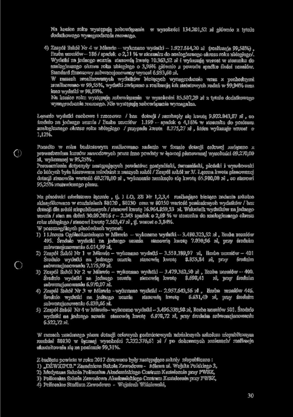 Na koniec roku występują zobowiązania w wysokości 134.201,52 zł głównie z tytułu dodatkowego wynagrodzenia rocznego. 4) Zespół Szkół Nr 4 w Mławie - wykonane wydatki - 1.927.