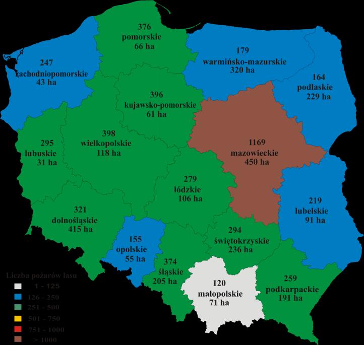 Rycina 9. Liczba pożarów lasu i powierzchnia spalona w poszczególnych województwach w Polsce w 2014 r. Rycina 10.