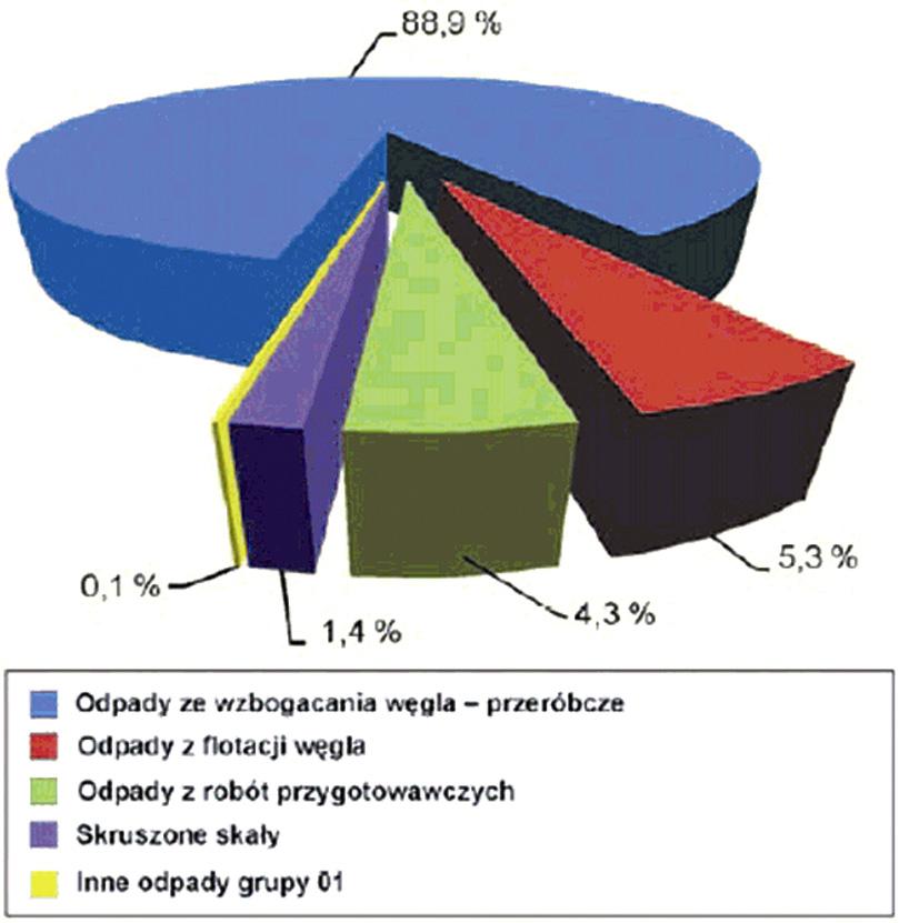 Na rysunku 2 pokazano procentowe udziały poszczególnych rodzajów odpadów wytworzonych w 2007 r. w kopalniach węgla kamiennego Górnośląskiego Zagłębia Węglowego. Rys. 2. Procentowe udziały poszczególnych rodzajów odpadów wytworzonych w 2007 r.