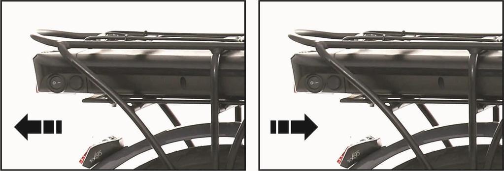 Załączanie zasilania napędu roweru i wyjmowanie baterii. Aby załączyć zasilanie mechanizmu wspomagania należy włożyć baterię do kasety pod bagażnikiem roweru.