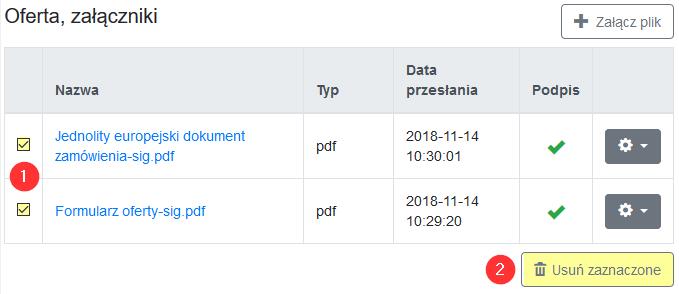 3 Wycofanie/usunięcie przesłanego dokumentu Wykonawca może wycofać/usunąć wysłany dokument, zaznaczając na karcie Oferta/Załączniki pozycję do