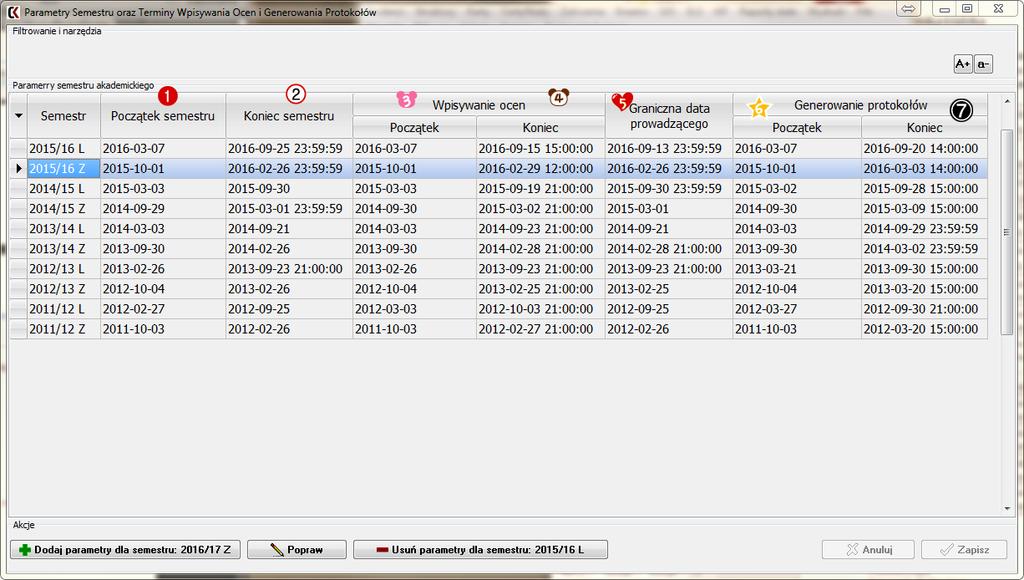 III. Wygląd okna Parametry Semestru oraz Terminy Wpisywania Ocen i Generowania Protokołów.