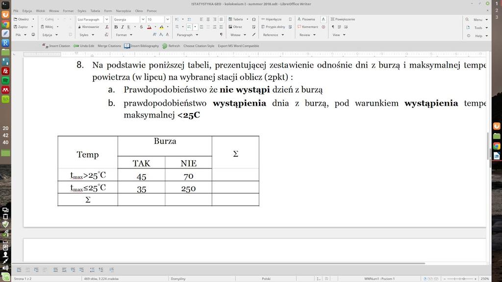 22 Na podstawie powyższej tabeli, prezentującej zestawienie odnośnie dni z burzą i maksymalnej temperatury powietrza (w lipcu) na wybranej stacji oblicz prawdopodobieństwo wystąpienia dnia z burzą,