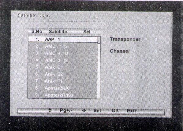 Za pomocą tej komendy możesz skasować wszystkie niepotrzebne rejestry satelit. To menu pokazuje liste satelit dostępnych w Zainstalowanych informacjach. Nawigacja za pomocą klawiszy góra/dół.