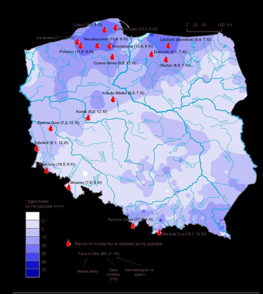 3. Rozkład tygodniowej sumy opadów oraz wybrane