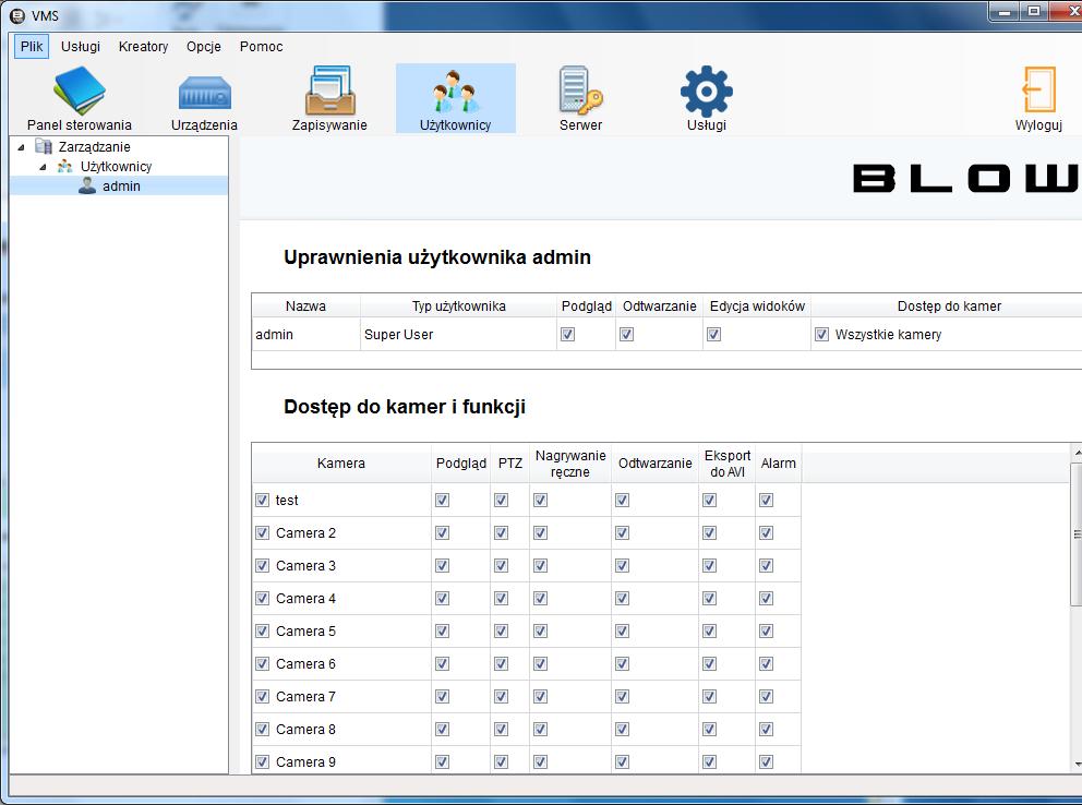 3.1.4.2 Uprawnienia użytkowników Możesz zmieniać uprawnienia użytkowników 3.1.5 Usługi Serwer VMS pokazuj stan, można również zakończyć działanie albo zresetować działanie serwera.