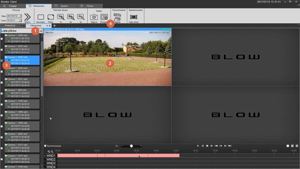 3.2.3.3 Eksport Nagrań 1. Kliknij lista plików 2. Wybierz okno podglądu do eksportu 3. Wybierz plik do eksportu 4.