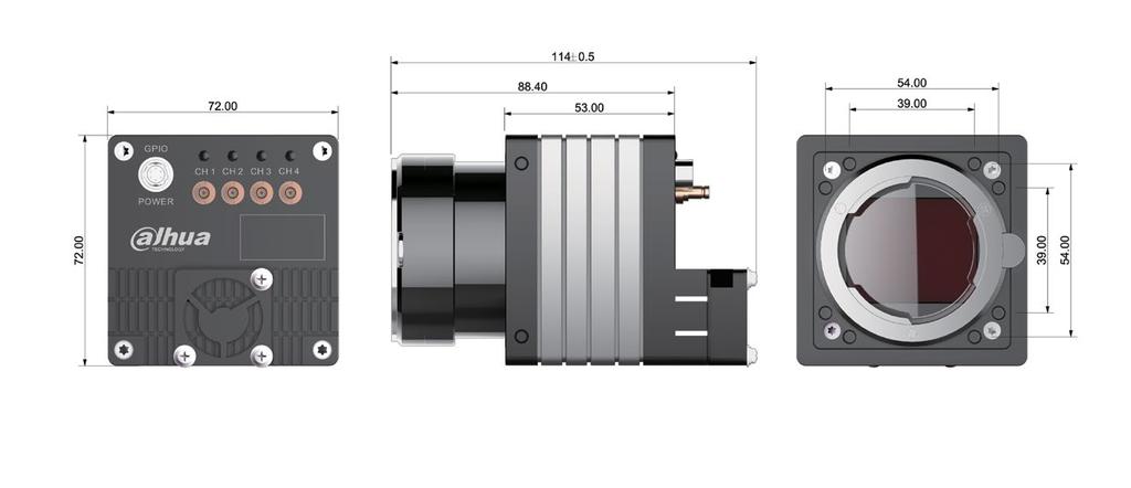 11 Seria 5000 CoaXPress - kamery matrycowe szerokokątne CoaXPress stosuje CXP-6 o szerokości pasma 4 x 6,25G Obsługuje zewnętrzny wyzwalacz, tryb swobodnego działania, itp.