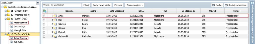 UONET+. Gromadzenie danych i rejestrowanie przepływów przedszkolaków 14/16 5. W kolejnym oknie wyświetli się po lewej stronie lista dzieci urodzonych we wskazanym roku.