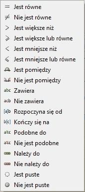 Rysunek 10. Operatory relacji Opcja Pokaż wiersz automatycznego filtra pozwala na wyświetlenie dodatkowych pól wyszukiwana bezpośrednio pod każdym z nagłówków kolumn.