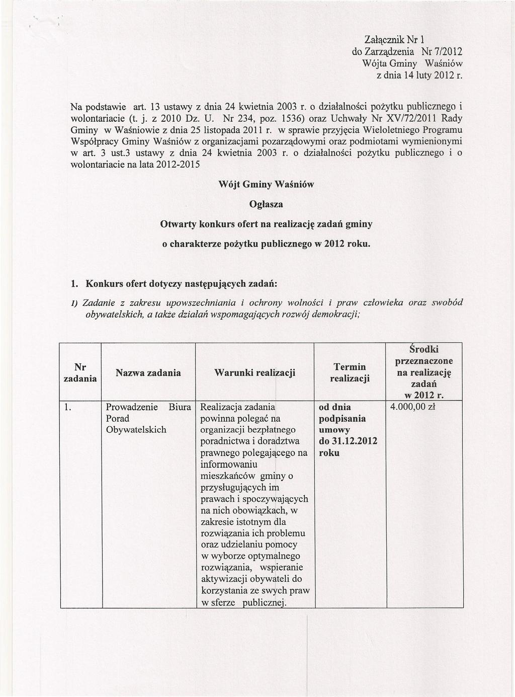 Załącznik Nr 1 do Zarządzenia Nr 7/2012 Wójta Gminy Waśniów z dnia 14 luty 2012 r. Na podstawie art. 13 ustawy z dnia 24 kwietnia 2003 r. o działalności pożytku publicznego i wolontariacie (t. j.