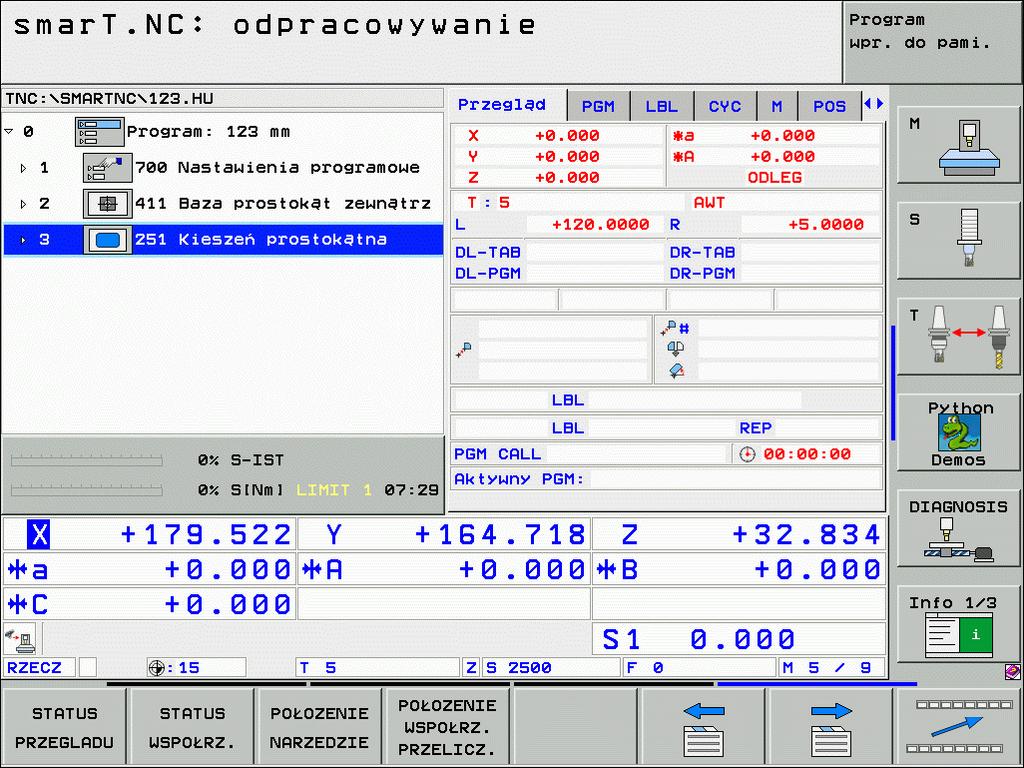 Wskazania stanu Testowanie graficzne i odpracowywanie programu Wybrać rozplanowanie monitora PROGRAM+STATUS!