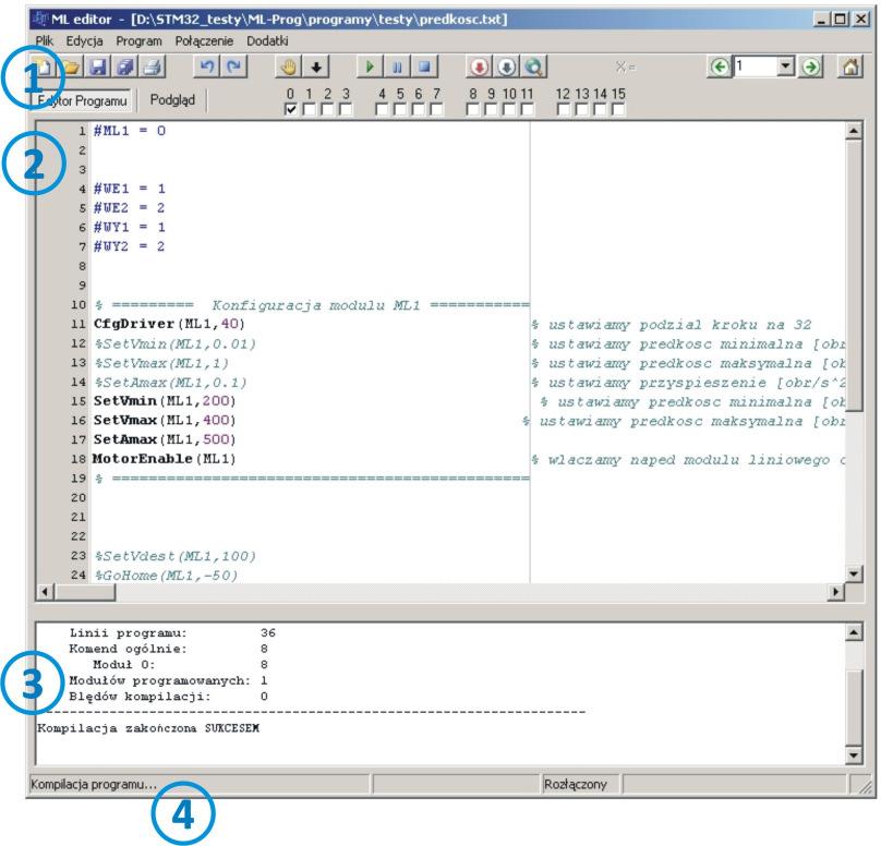 2. Opis programu ML-PROG Program ML-PROG pozawala na tworzenie programów ruchu dla 16-stu modułów (sterowników) jednocześnie i ich równoległe programowanie (przy użyciu magistrali RS485 i konwertera