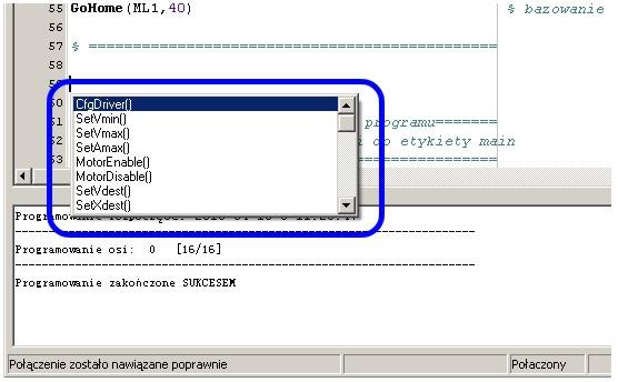 Wciśnięcie klawiszy CTRL+SPACJA na klawiaturze w oknie edycji programu powoduje pojawienie się okna z listą dostępnych funkcji i możliwość ich szybkiego dodania do programu. Rys. 12 Lista funkcji. 3.