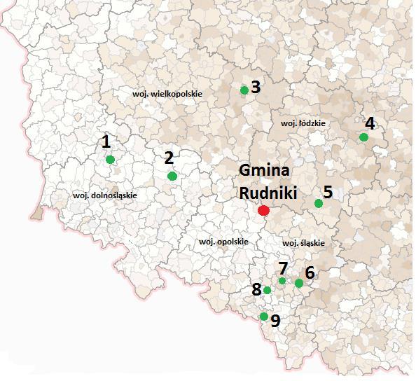 Rycina 2 Lokalizacja składowisk ogólnodostępnych przyjmujących odpady zawierające azbest znajdujące się na terenie województw ościennych ( 1. Trzebcz, 2. Marcinowo, 3. Konin, 4. Pukinin, 5.