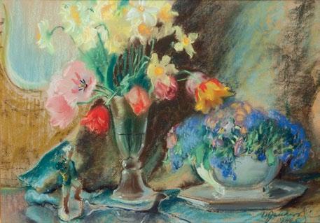 63 Marian Jankowski XX w. Kwiaty w wazonie, 1940 r. pastel/papier, 48,5 x 68 cm sygnowany i datowany p.d.: 'M.