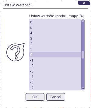 Ustaw wartość - Wywołuje okno z listą wartości do wyboru z zakresu -50% do 50%.