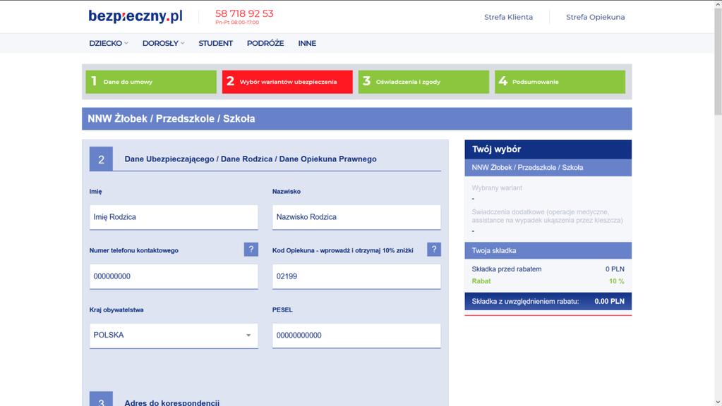 8. Uzupełnij dane ubezpieczającego rodzica lub opiekuna prawnego Na tym etapie należy podać dane ubezpieczającego.