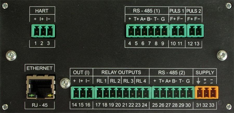 21 +/~ RL3 22 -/~ RL3 23 +/~ RL4 24 -/~ RL4 25 + 26 T+ 27 A+ 28 B- 29 T- 30 G 31 PE 32 +/~ 24V 33 -/~ 24V WYJŚCIE PRZEKAŹNIKOWE RL 3 (0,1A/60V) WYJŚCIE PRZEKAŹNIKOWE RL 4 (0,1A/60V) PORT SZEREGOWY