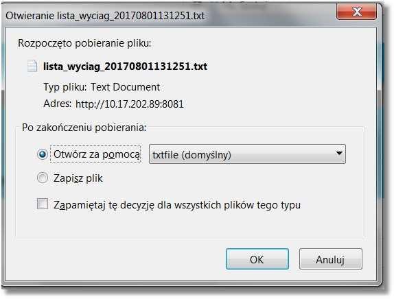 Po wskazaniu formatu eksportu użytkownik ma możliwość podglądu pobranego pliku lub zapisu pliku we wskazanej lokalizacji.