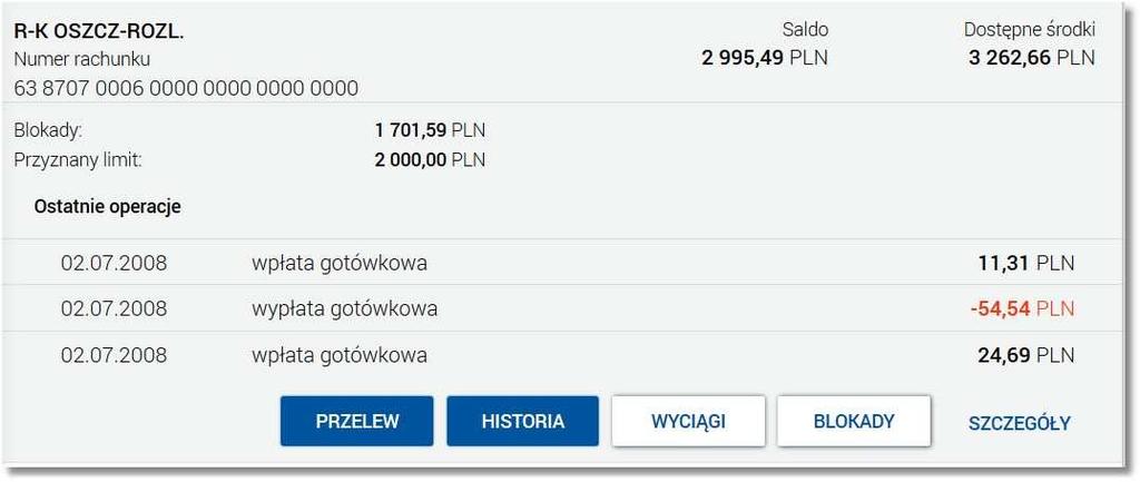 Jeżeli posiadacz rachunku posiada rachunki walutowe i użytkownik uprawniony jest do rachunków walutowych wówczas prezentowana lista rachunków zawiera oprócz rachunków złotowych również rachunki