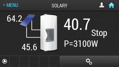 8 SOLARY Aby przejść do menu solarów na ekranie głównym należy wcisnąć przycisk nr 7, a następnie wybrać pozycję SOLARY. 3.8.1 USTAWIENIA NAZWA OPIS Przepływ (l/min) Przepływ płynu w instalacji solarnej.