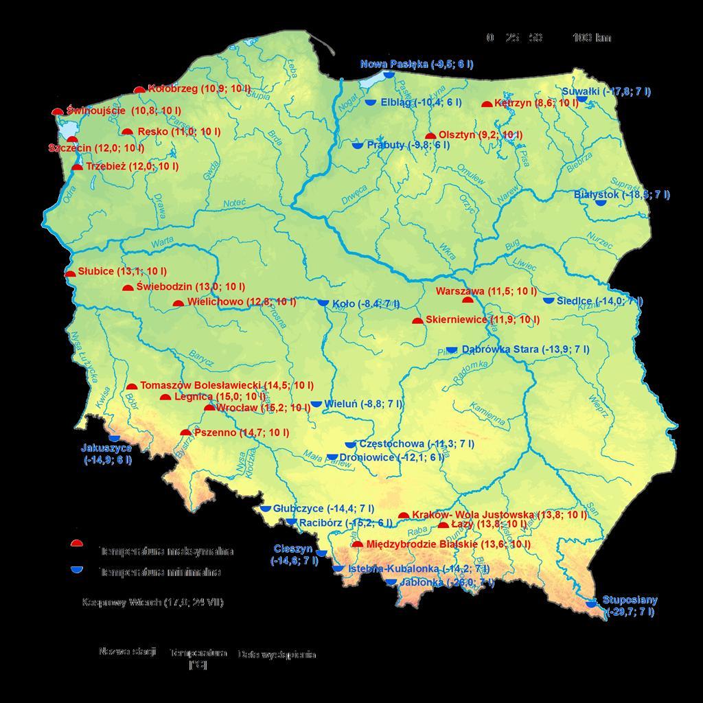 2. Temperatury ekstremalne w regionach Polski