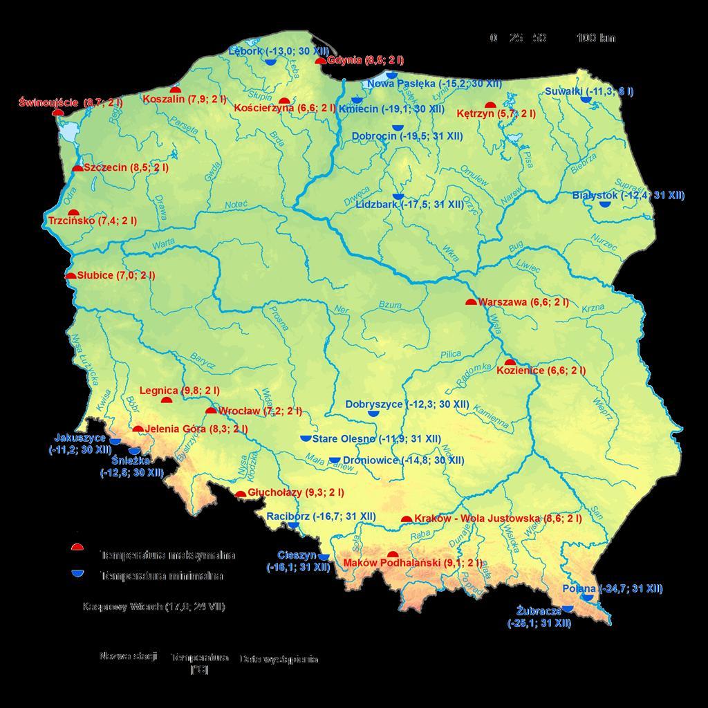 2. Temperatury ekstremalne w regionach Polski (w