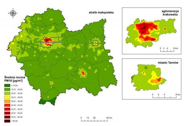 Mapy 1-6 przedstawiają rozkłady przestrzenne stężeń średniorocznych wybranych zanieczyszczeń uzyskane z wyników modelowania z uwzględnieniem wyników pomiarów