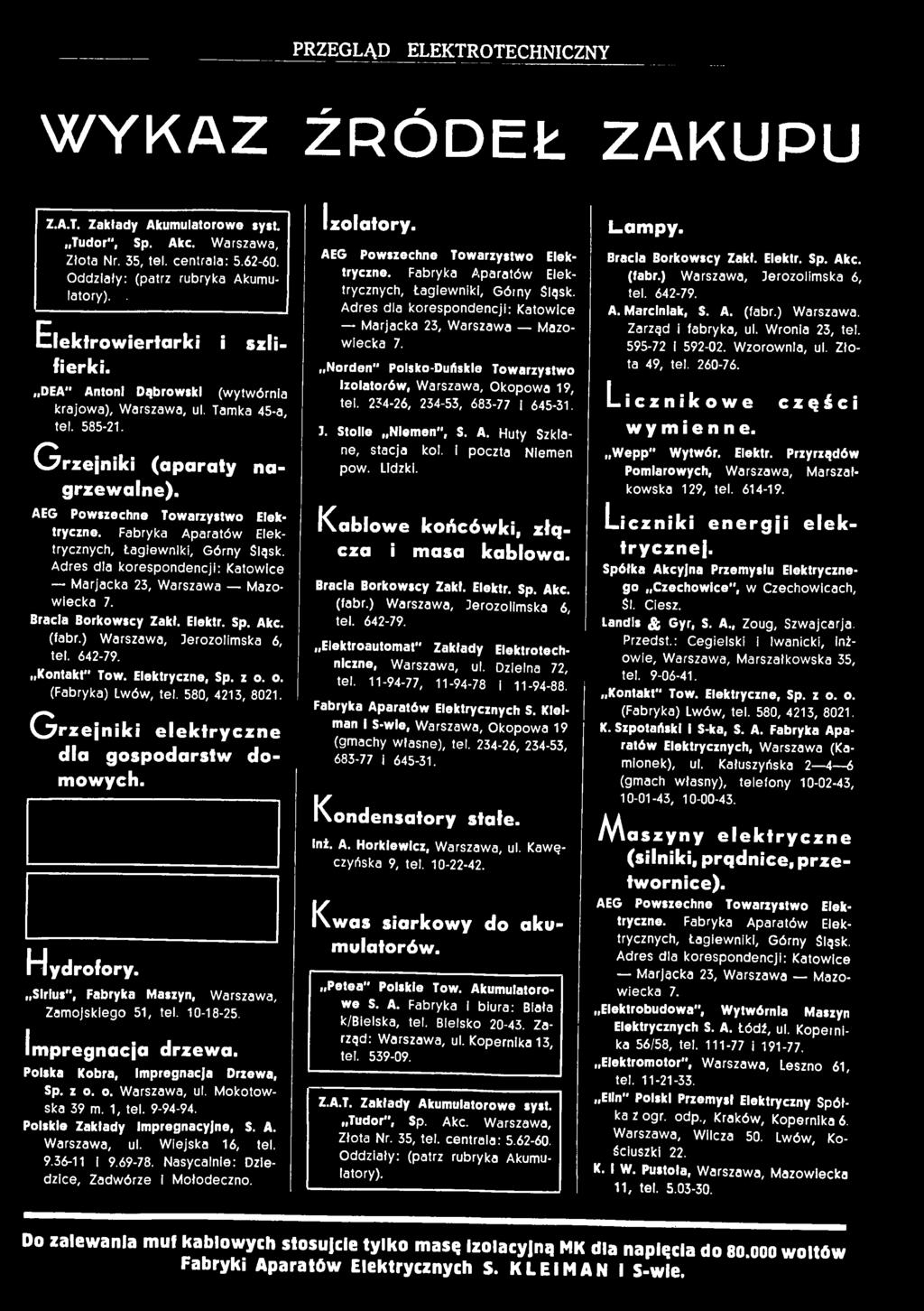 Mktwska 39 m. 1, tel. 9-94-94. Plskie Zakłady Impregnacyjne, S. A. Warszawa, ul. Wiejska 16, tel. 9.36-11 i 9.69-78. asycalnie: Dziedzice, Zadwórze i Młdeczn. Izlatry.