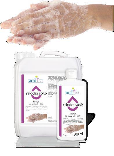 MYCIE I PIELĘGNACJA RĄK Produkty do mycia i pielęgnacji rąk Velodes Soap Emulsja do mycia rąk i ciała Velodes Soap to emulsja do mycia rąk przed chirurgiczną i po higienicznej dezynfekcji rąk.