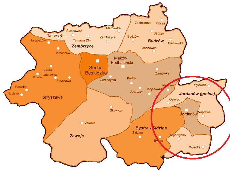 Od północnegozachodu gmina sąsiaduje z gminą Maków Podhalański (powiat suski), od południowego zachodu z gminą Bystra-Sidzina (powiat suski), od wschodu z gminą Lubień (powiat myślenicki), a od