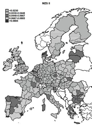Ocena zmian struktury pracujących w unijnych regionach szczebla NUTS 2 19 Najmniejsze zmiany w strukturze pracujących zaszły w Belgii, Czechach, Danii, Słowenii i Słowacji (wszystkie regiony w klasie