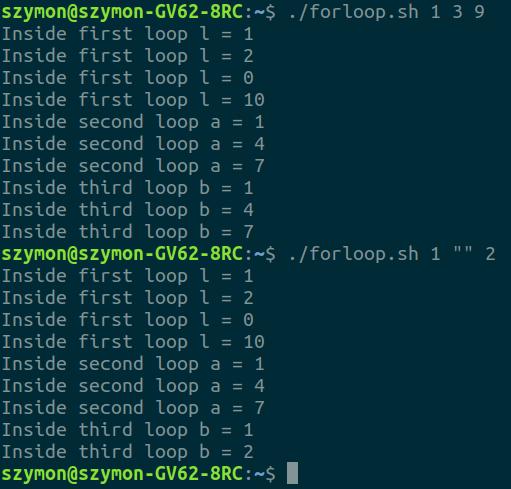 for b in $( seq $1 $2 $3) echo Inside third loop b = $b 2.2.1 Wildcards w petli for Rysunek 5: Wywołanie skryptu forloop.sh Możemy w bardzo łatwy sposób stać listę plików wykorzystując wildcards.