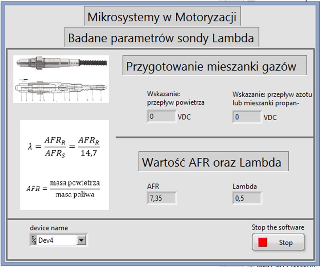 Rysunek 8. Widok panelu operatora w oprogramowaniu LabView. Przebieg ćwiczenia: UWAGA: Przed przystąpienie do ćwiczenia zapoznaj się z notą katalogową przepływomierza OMRON D6F-P0010A1.