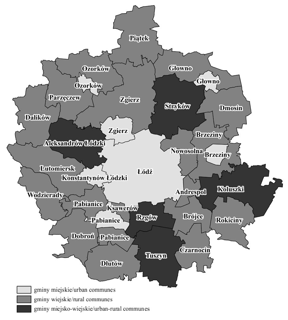 226 Marcin FELTYNOWSKI Ryc. 1. Tereny objęte opracowaniem Urban Atlas z uwzględnieniem typów gmin Źródło: opracowanie własne na podstawie danych Urban Atlas dla obszaru Łodzi.