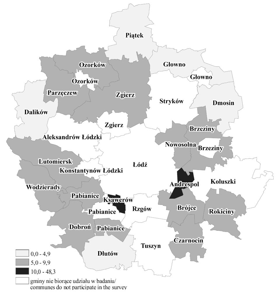 Planowanie miejscowe a użytkowanie terenów w wybranych gminach wiejskich... 229 Ryc. 3. Gminy według odsetka użytkowania terenów Źródło: opracowanie własne na podstawie danych Urban Atlas.