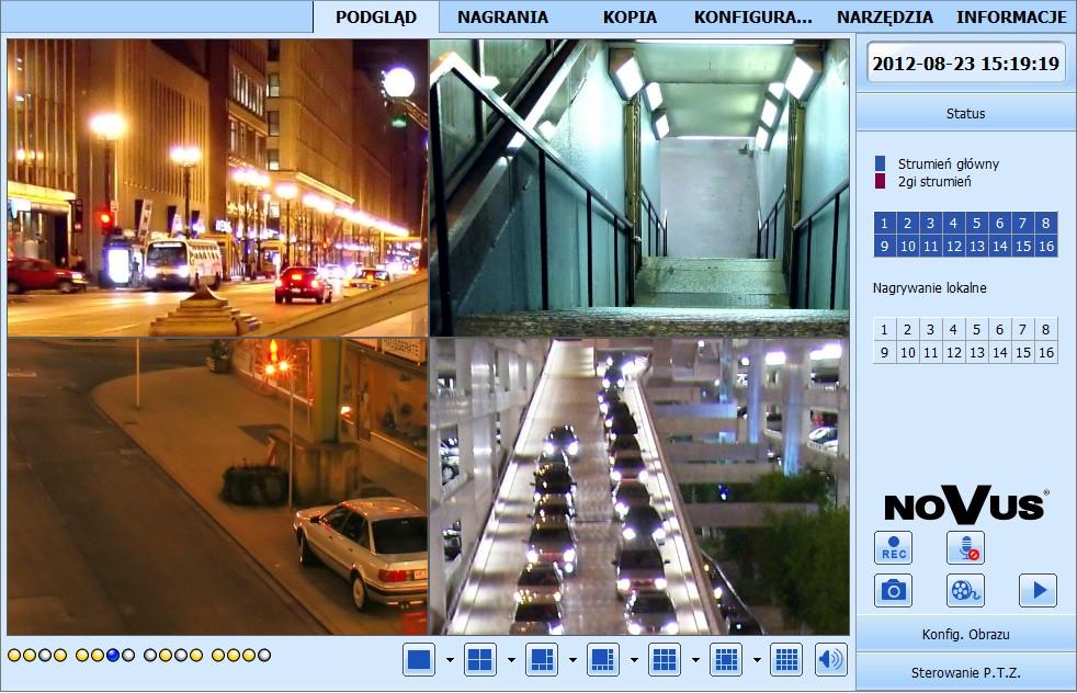 Obserwacja obrazów z kamer Po poprawnym zalogowaniu się w przeglądarce zostanie wyświetlone okno zawierające obrazy z kamer jak poniżej: Okno
