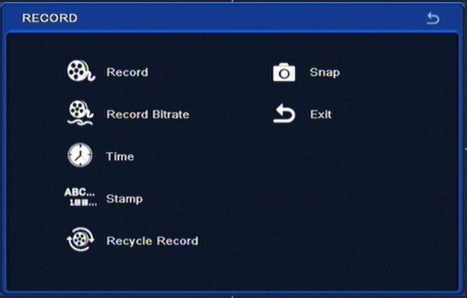 User s manual ver.1.3 RECORDER S CONFIGURATION 5.1.3. Record Selecting RECORD from the SETUP menu displays the following screen: RECORD menu contains 7 items: RECORD, RECORD BITRATE, TIME, STAMP, RECYCLE RECORDS, SNAP, EXIT.