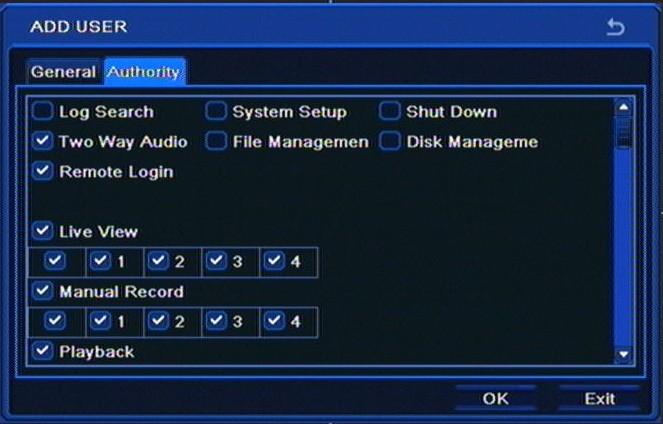 Record, Playback, Backup, PTZ Control, Remote Live view. Select OK to apply changes or EXIT to leave the menu discarding changes.