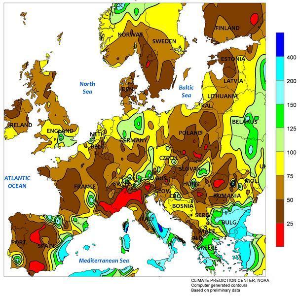 Strona 6 z 7 Odchylenie wielkości opadów atmosferycznych w Polsce i krajach europejskich od normy w styczniu 2017 roku przedstawia