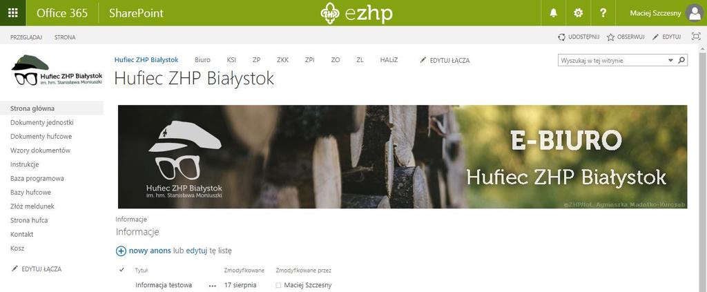 Następnie uzupełnij meldunek. Na końcu sprawdź na górnym czy meldunek zapisano. Jeśli tak powróć do witryny klikając Hufiec ZHP Białystok lub zamknij kartę.